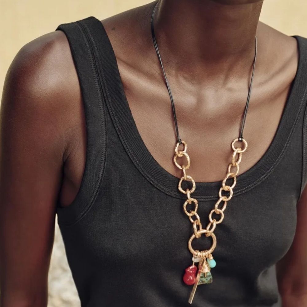 New ZARA Mixed Stone And Charm Cord Necklace Adjustable